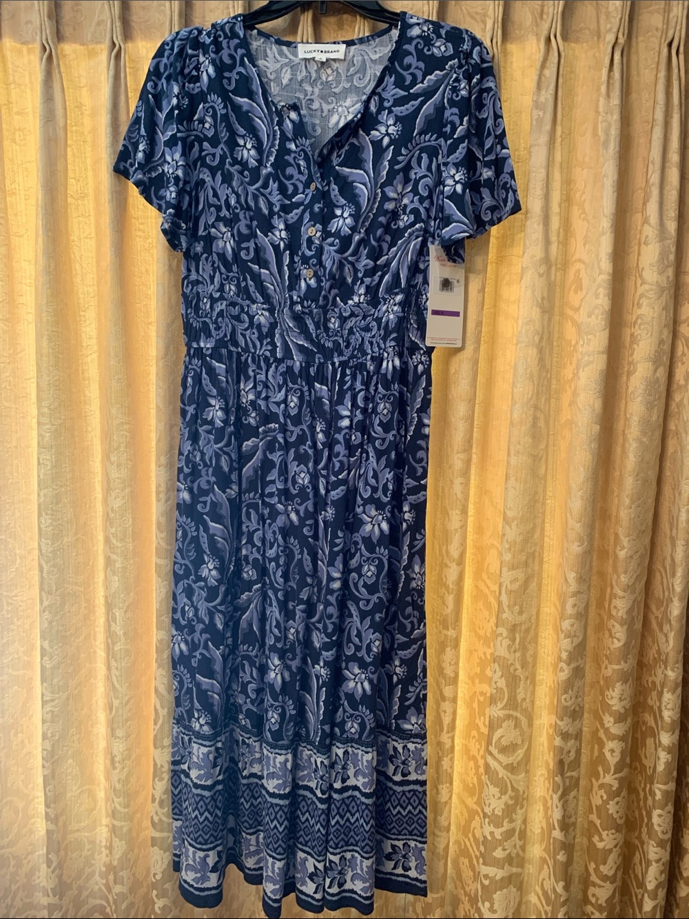 Lucky Brand Navy Blue Floral Maxi Dress with Button Front